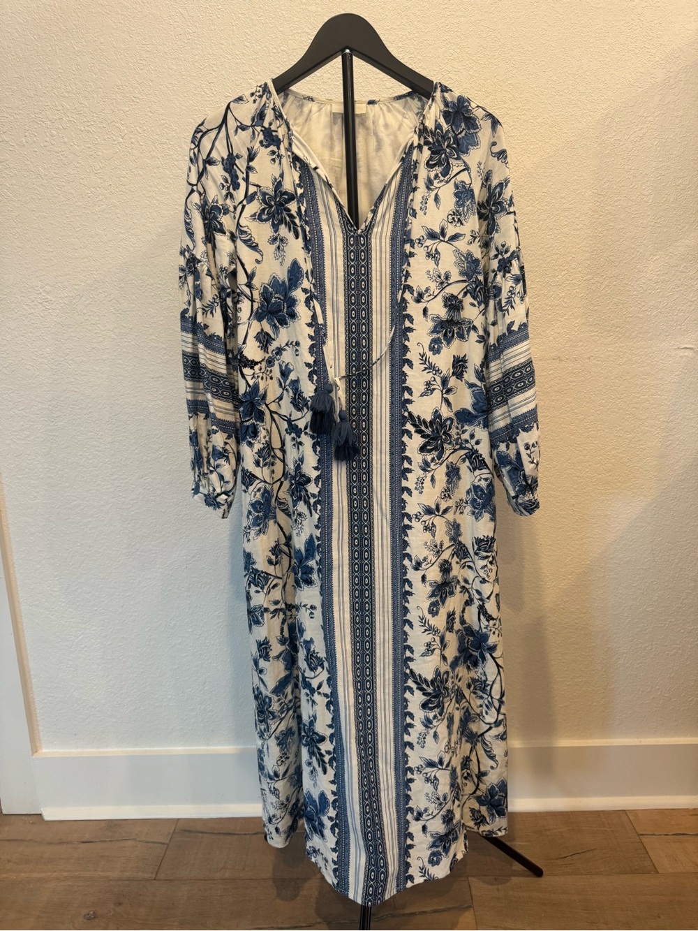 Blue & White Floral Maxi Dress with Tassel Tie Waist